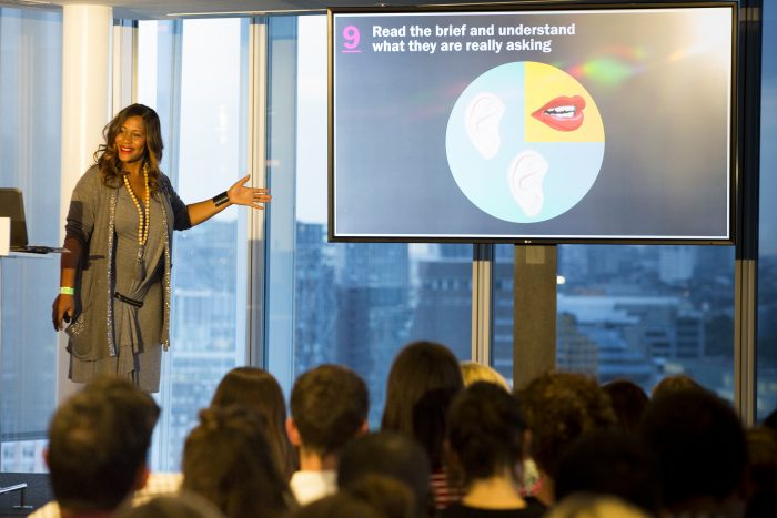 Karen Blackett presenting